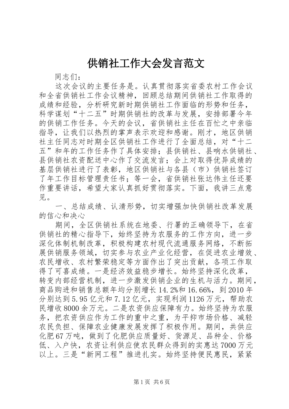 供销社工作大会发言稿范文_第1页