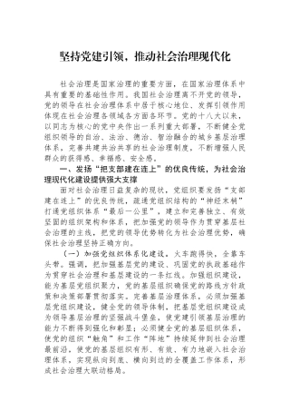 坚持党建引领，推动社会治理现代化
