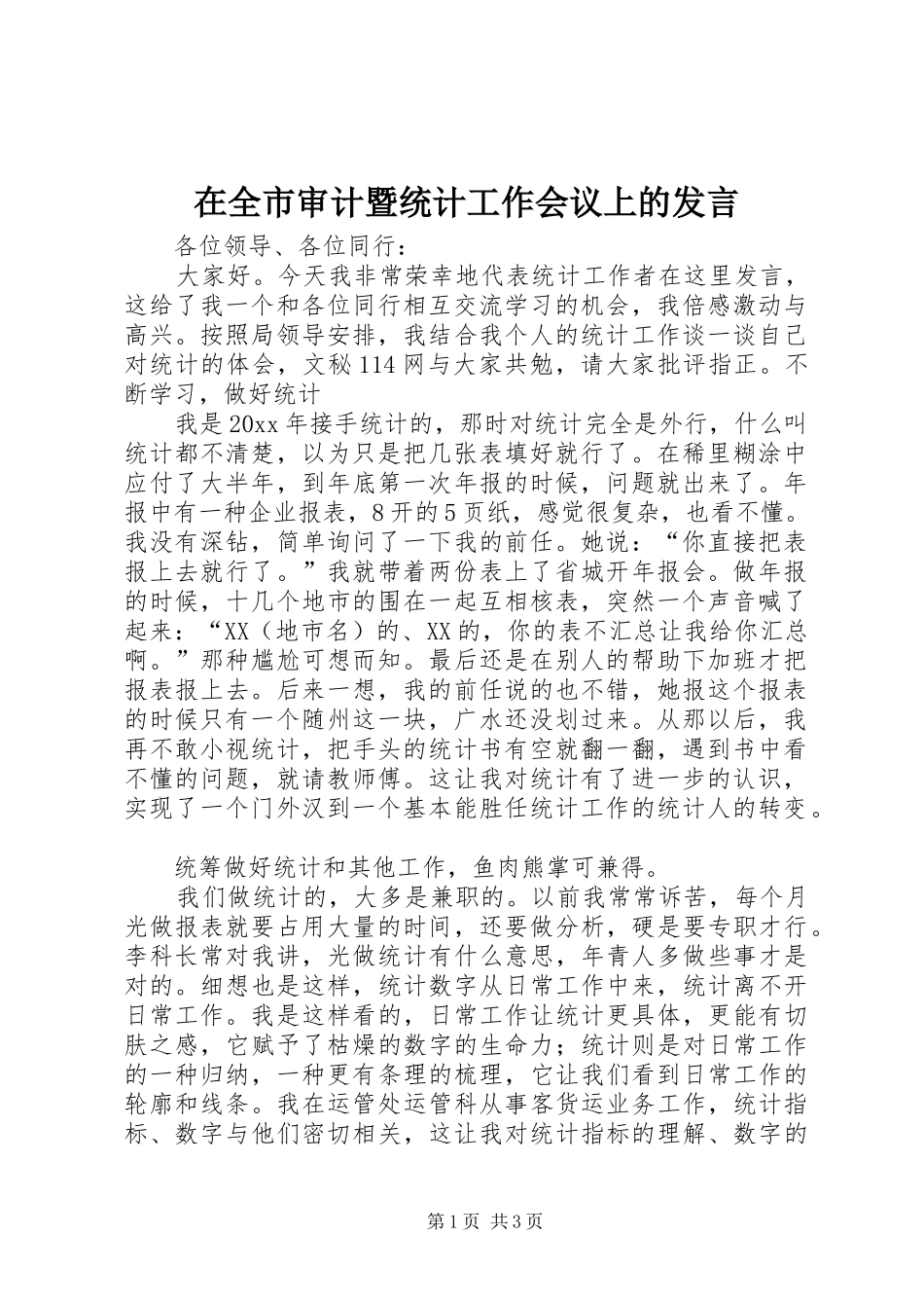 在全市审计暨统计工作会议上的发言稿_第1页
