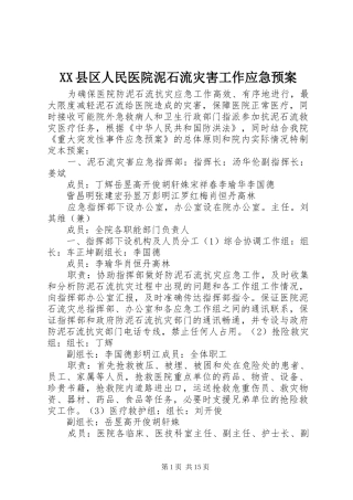 XX县区人民医院泥石流灾害工作应急预案
