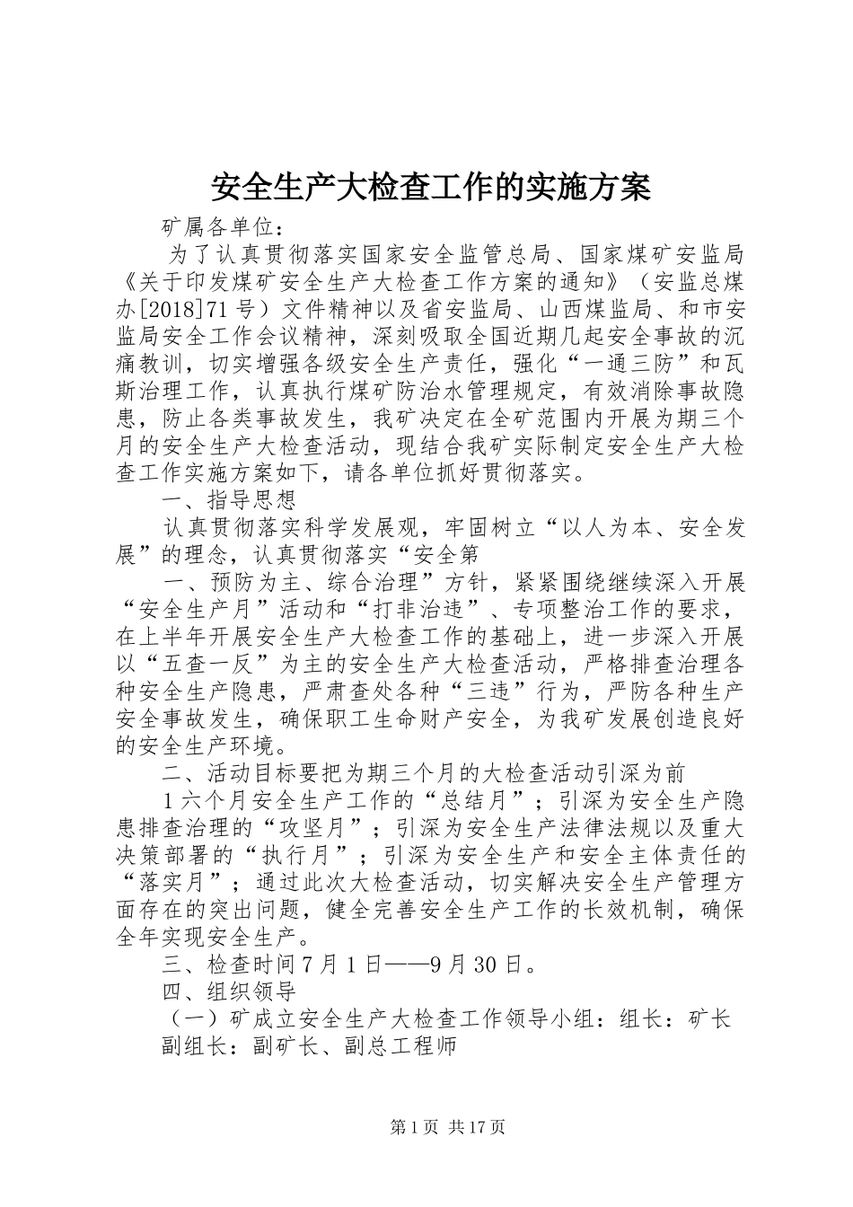 安全生产大检查工作的实施方案_第1页