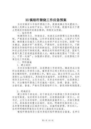 XX镇秸秆禁烧工作应急预案