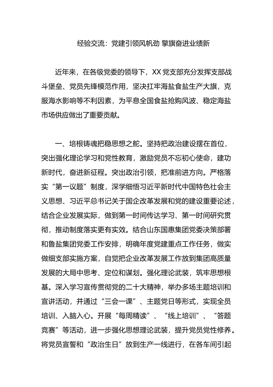 经验交流：党建引领风帆劲 擎旗奋进业绩新_第1页