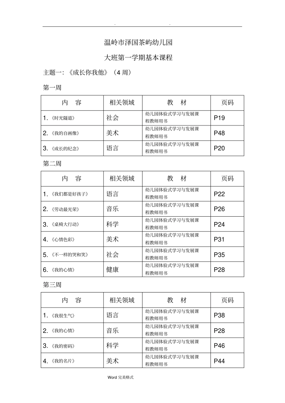 幼儿园大班上基本课程安排表_第1页