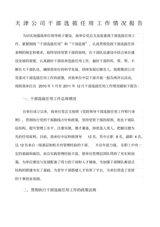 天津公司干部选拔任用工作情况报告