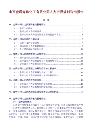 山西金晖煤焦化工有限公司人力资源规划咨询报告