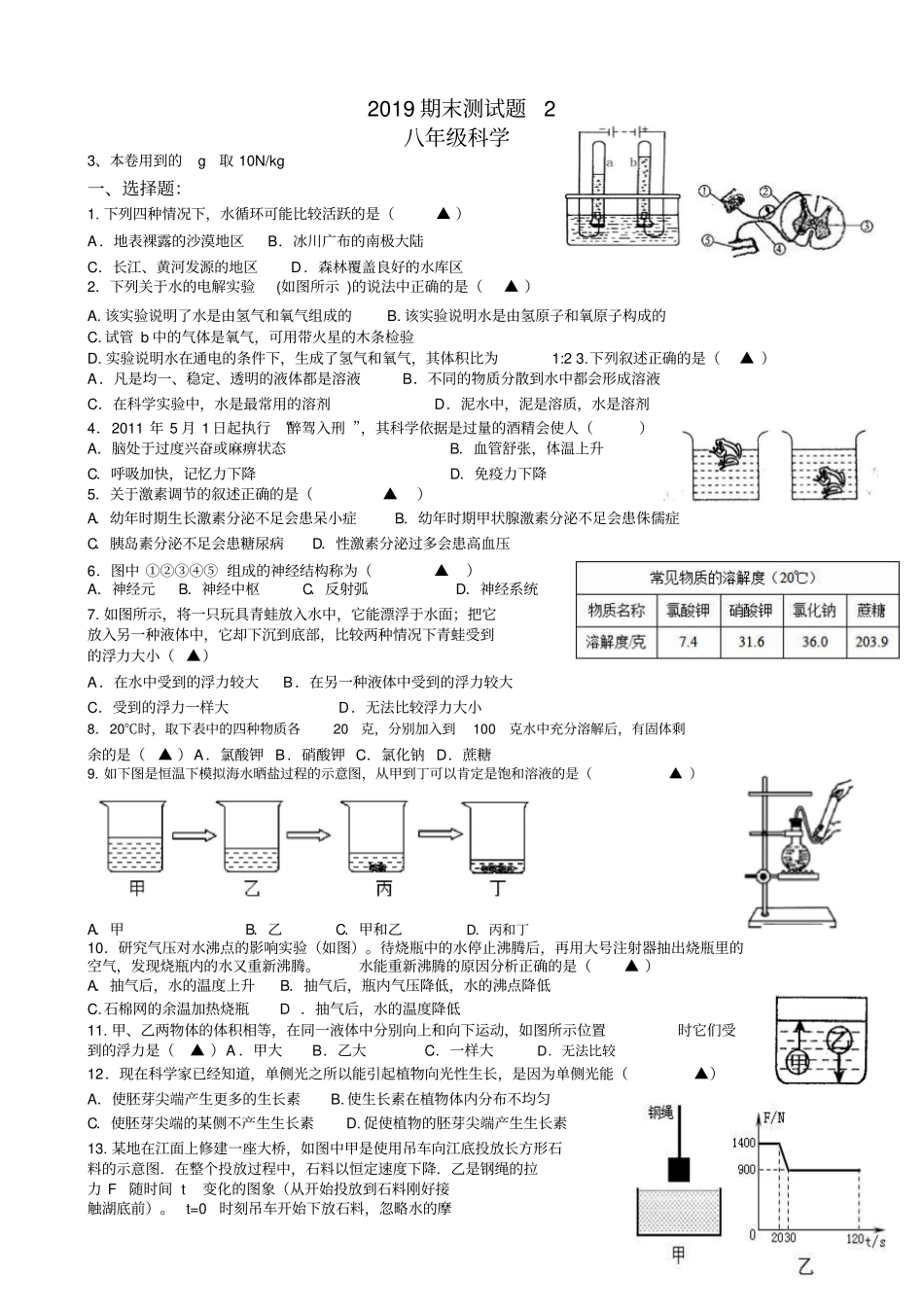 八下科学期末模拟卷及答案_第1页