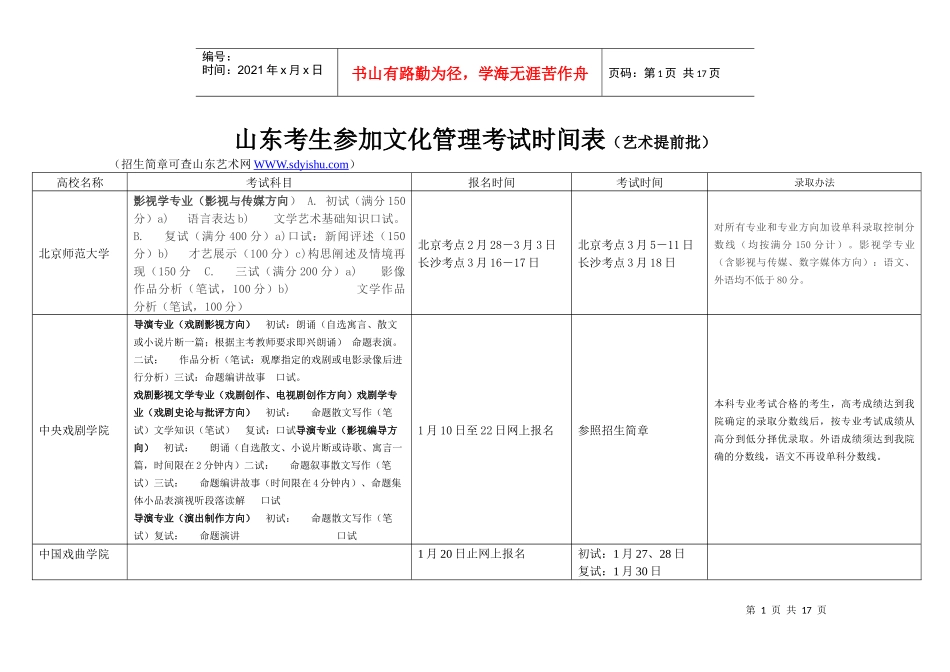 山东考生参加文化管理考试时间表(艺术提前批)_第1页