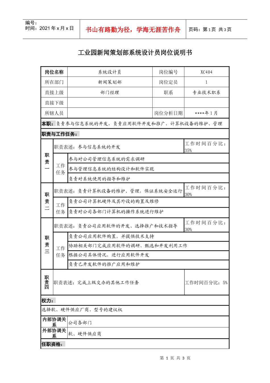 工业园新闻策划部系统设计员岗位说明书_第1页