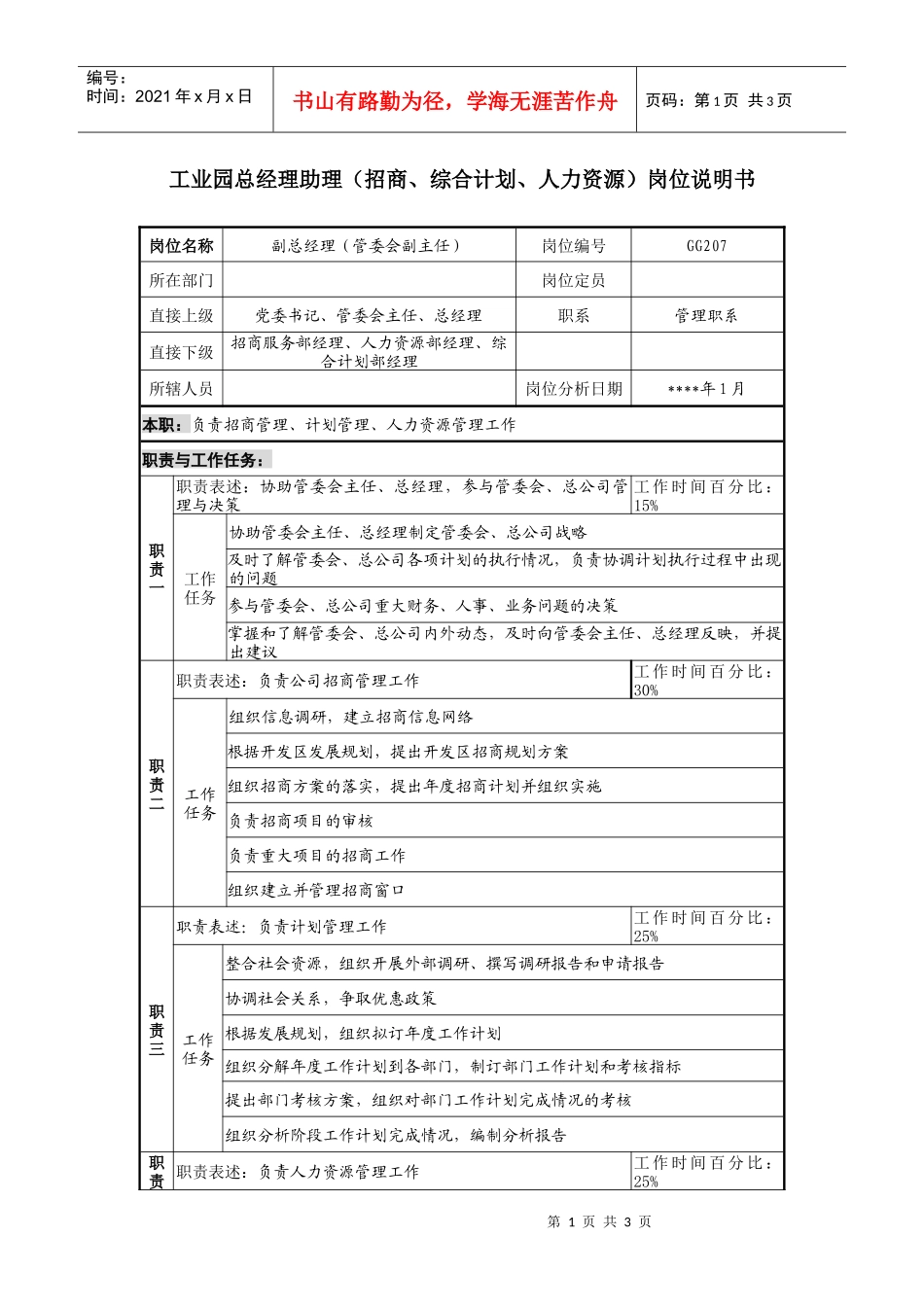 工业园总经理助理（招商、综合计划、人力资源）岗位说明书_第1页