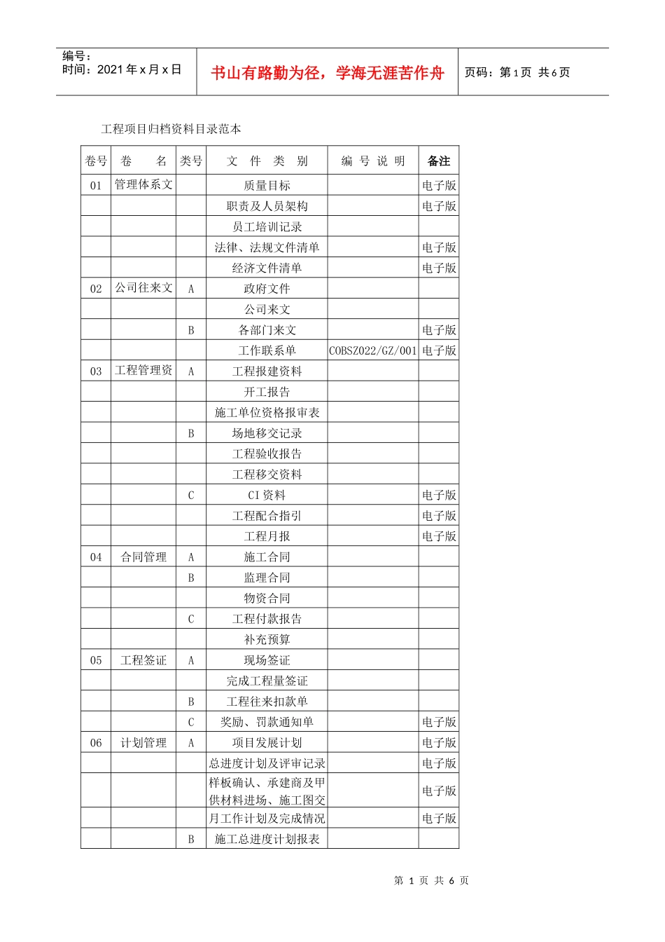 工程项目归档资料目录范本_第1页