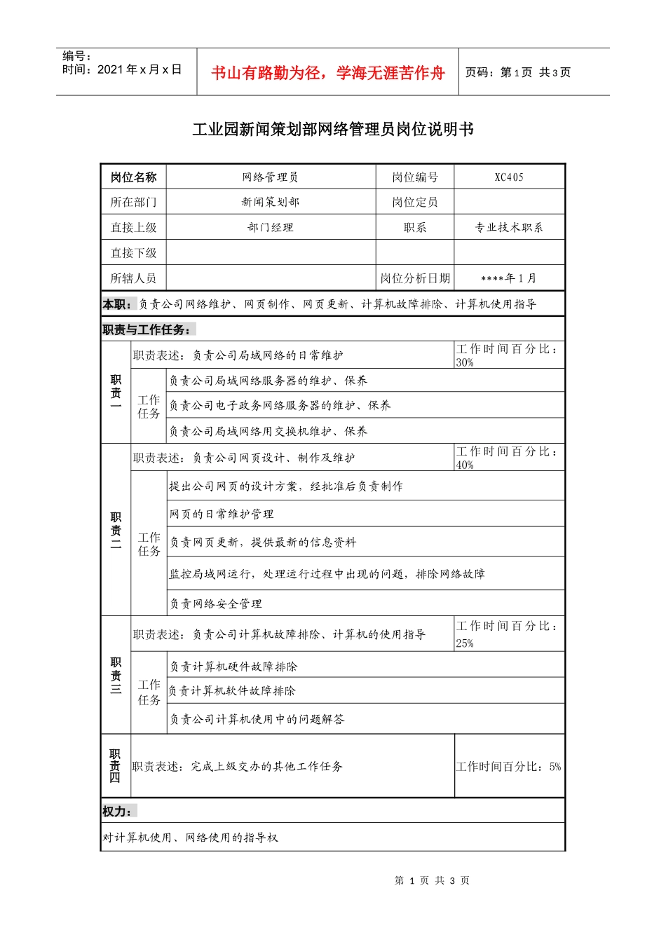 工业园新闻策划部网络管理员岗位说明书_第1页