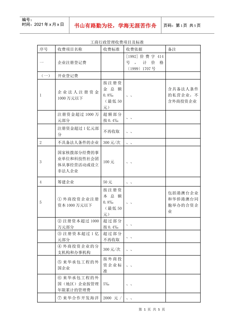 工商行政管理收费项目及标准_第1页