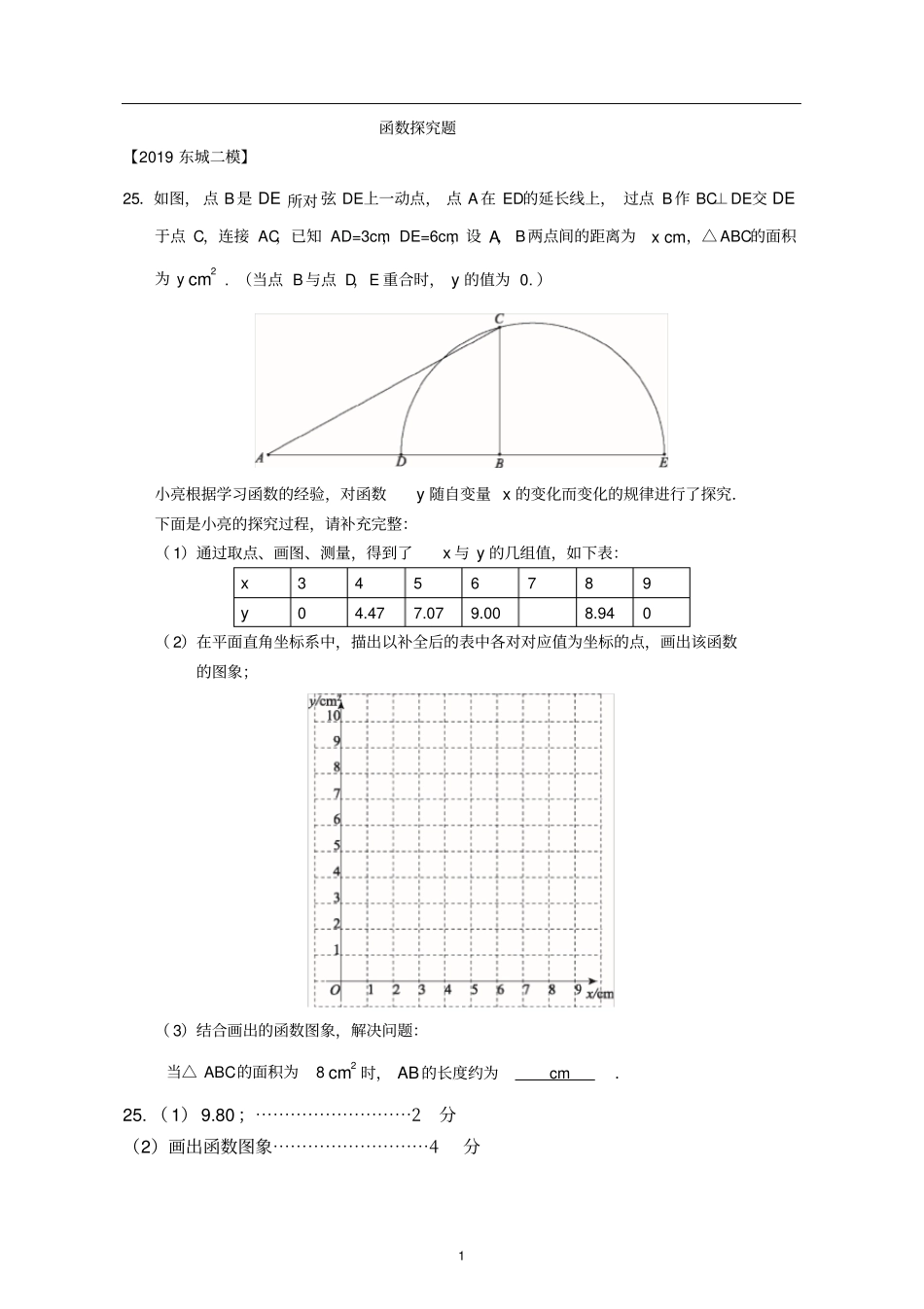 北京市2019年中考二模数学试卷精选汇编：函数探究题(含答案)_第1页