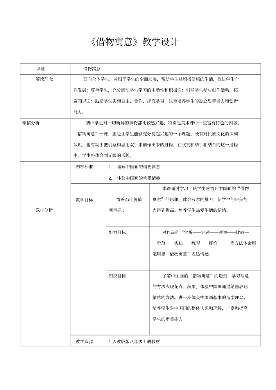 初中美术_《借物寓意》教学设计学情分析教材分析课后反思_第1页