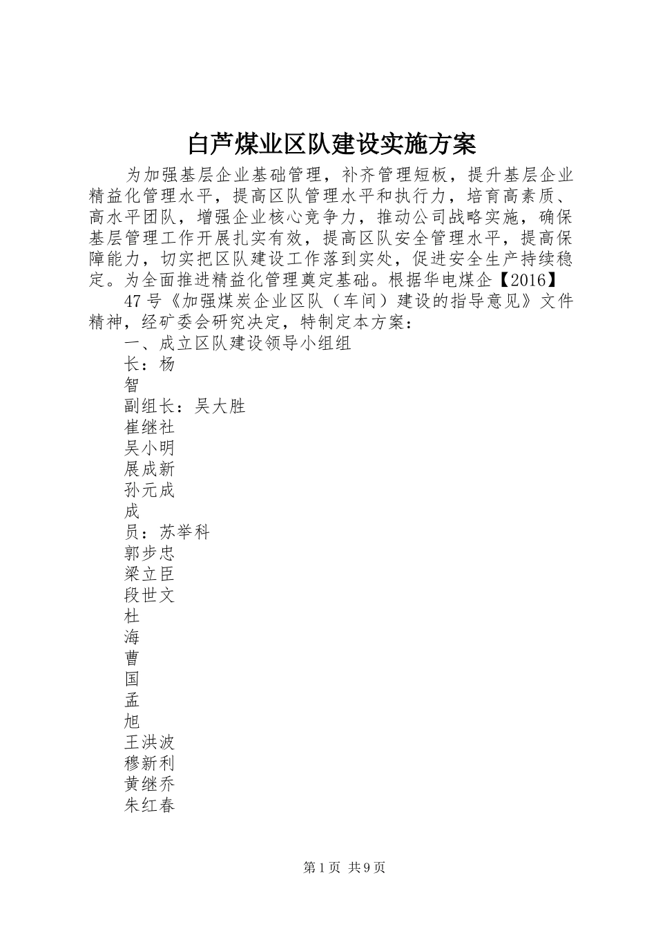 白芦煤业区队建设实施方案_第1页