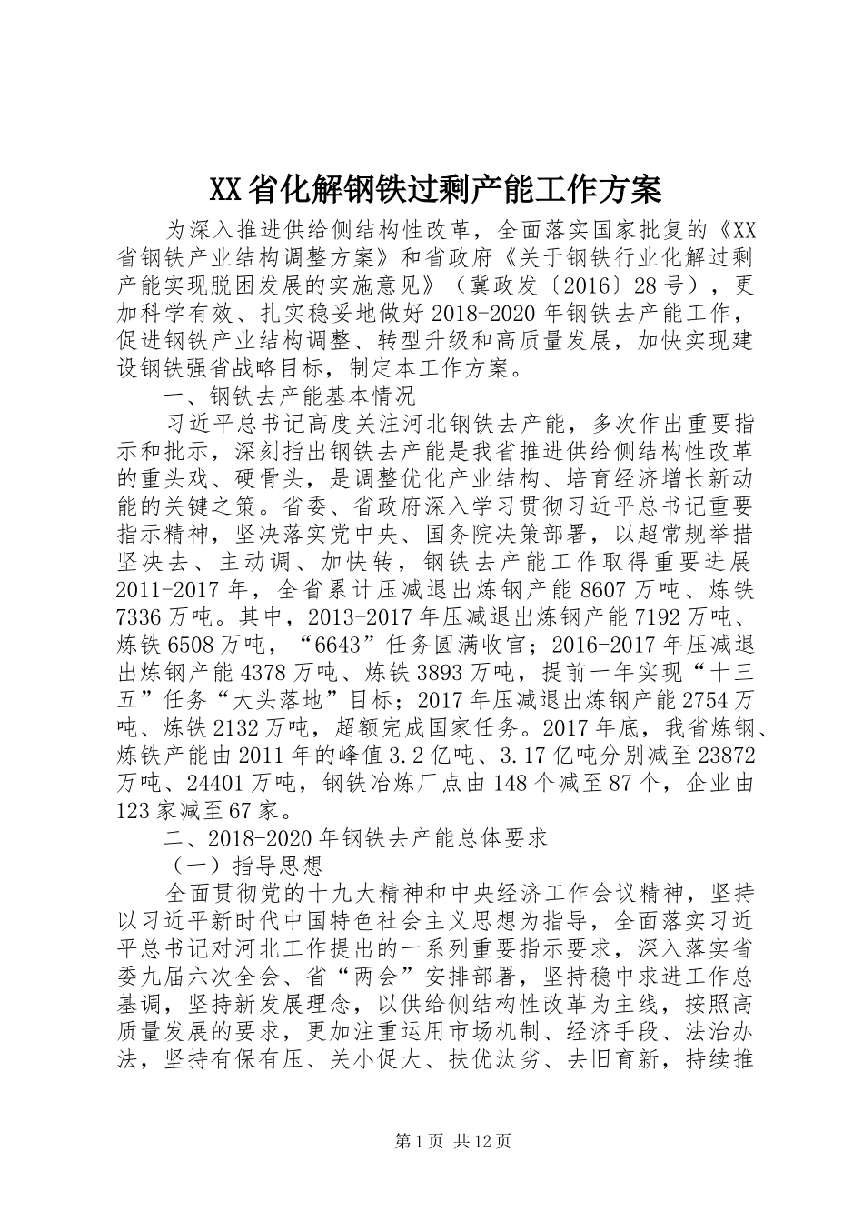 XX省化解钢铁过剩产能工作方案_第1页