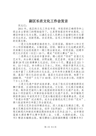 副区长在文化工作会发言稿