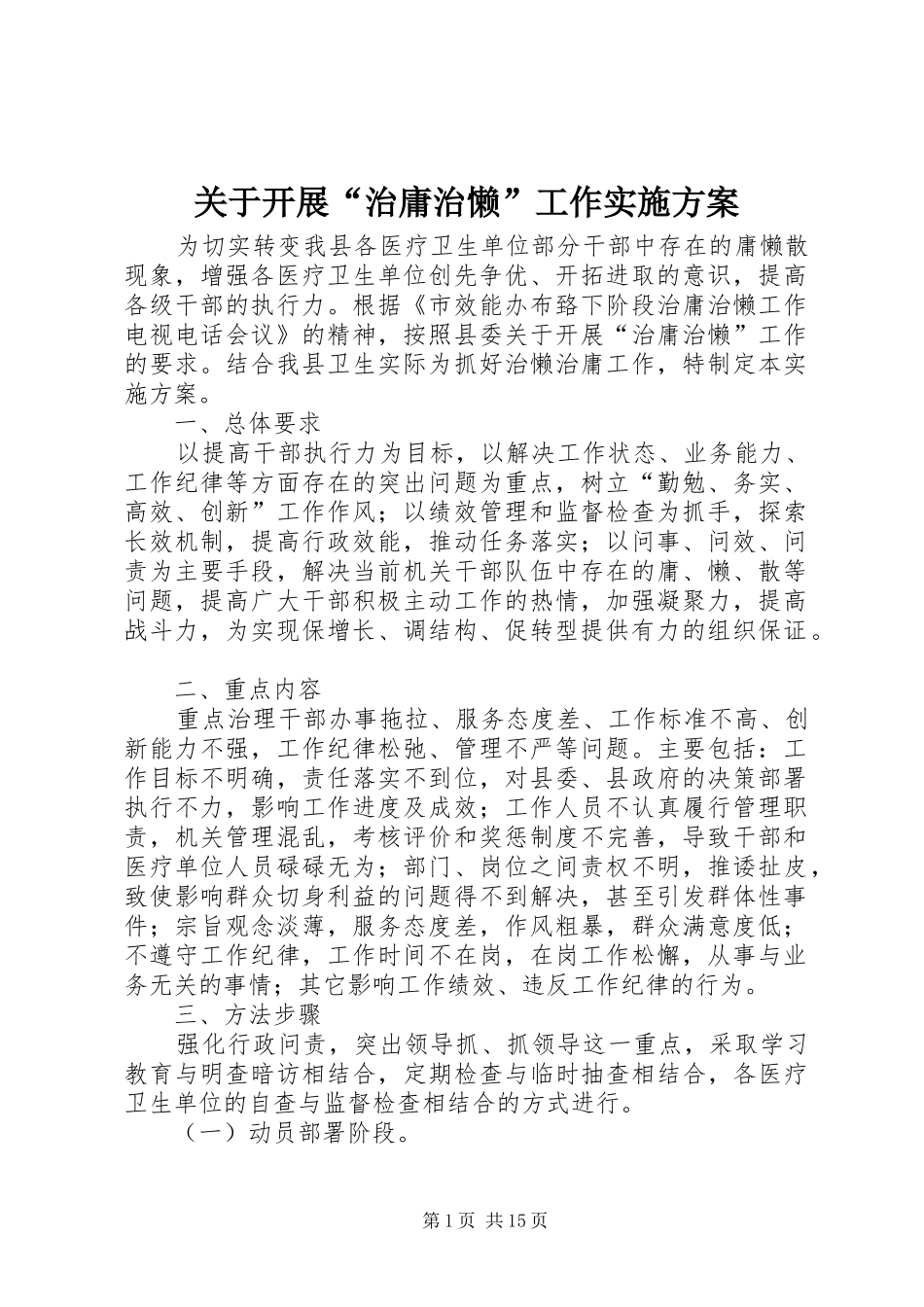 关于开展“治庸治懒”工作实施方案_第1页