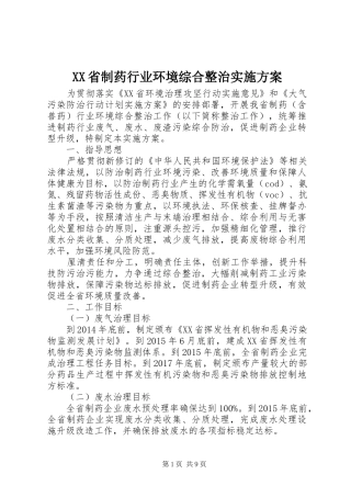 XX省制药行业环境综合整治实施方案