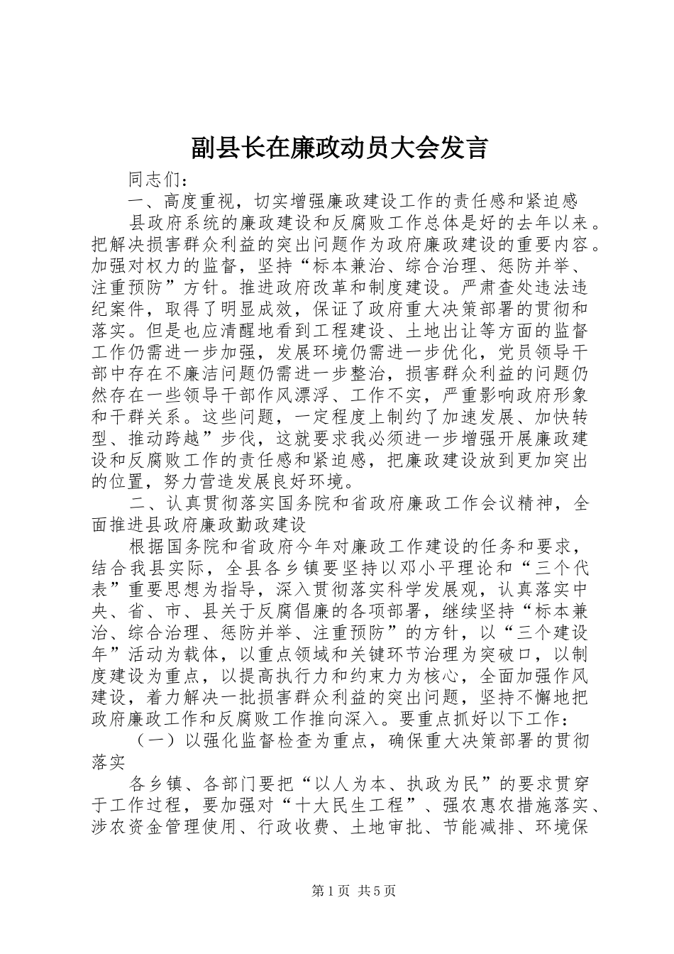 副县长在廉政动员大会发言稿_第1页