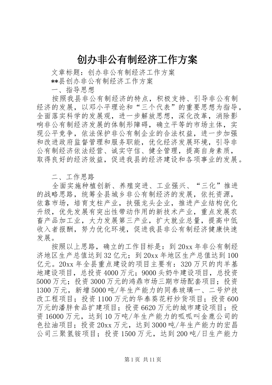 创办非公有制经济工作方案_第1页