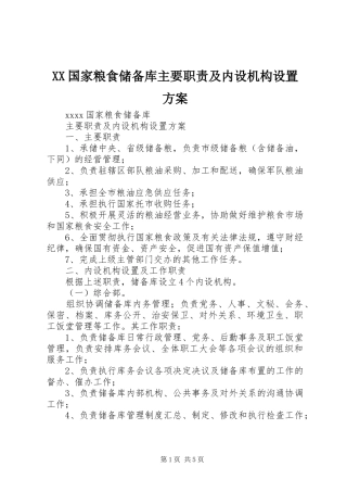 XX国家粮食储备库主要职责及内设机构设置方案