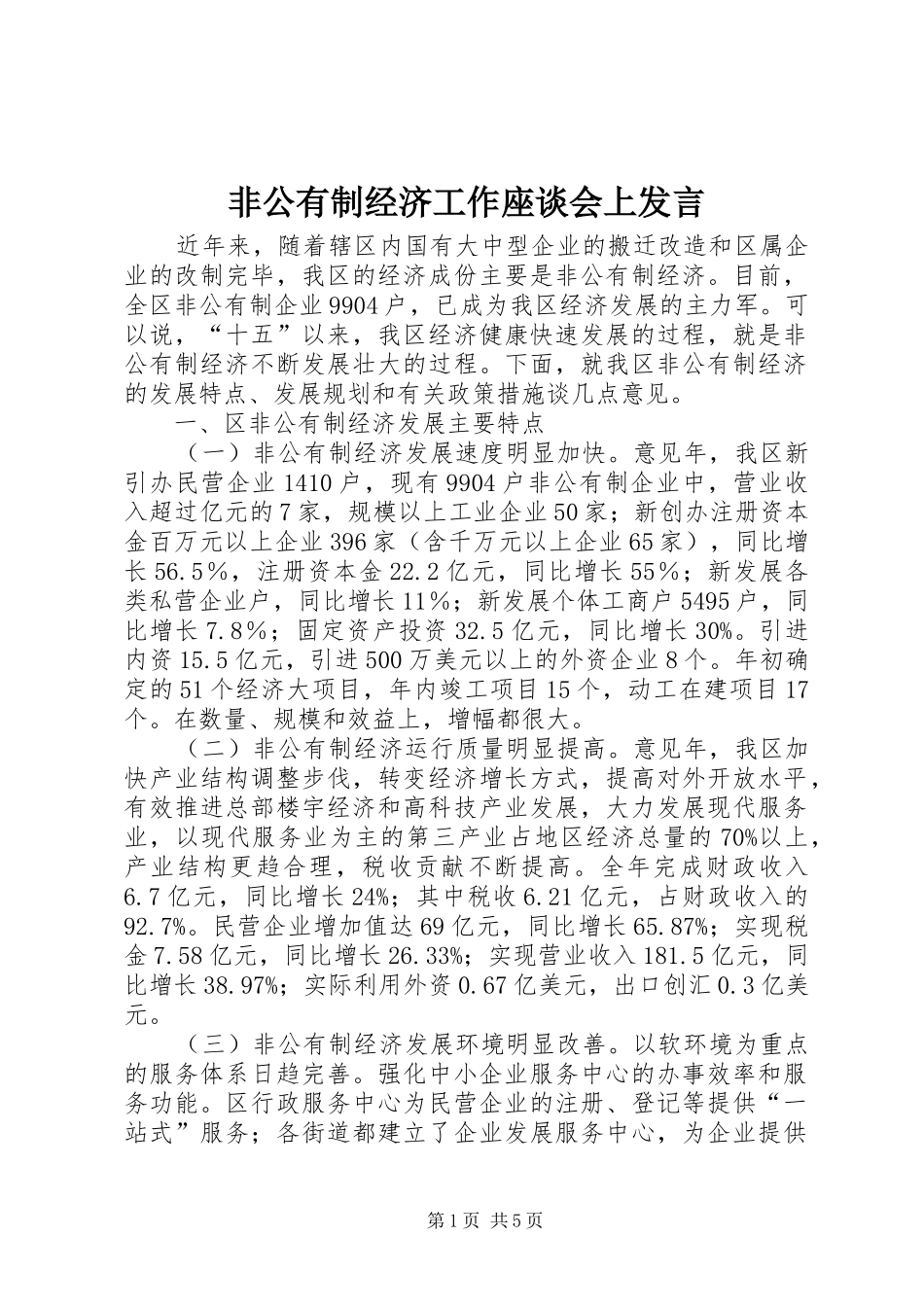 非公有制经济工作座谈会上发言稿_第1页