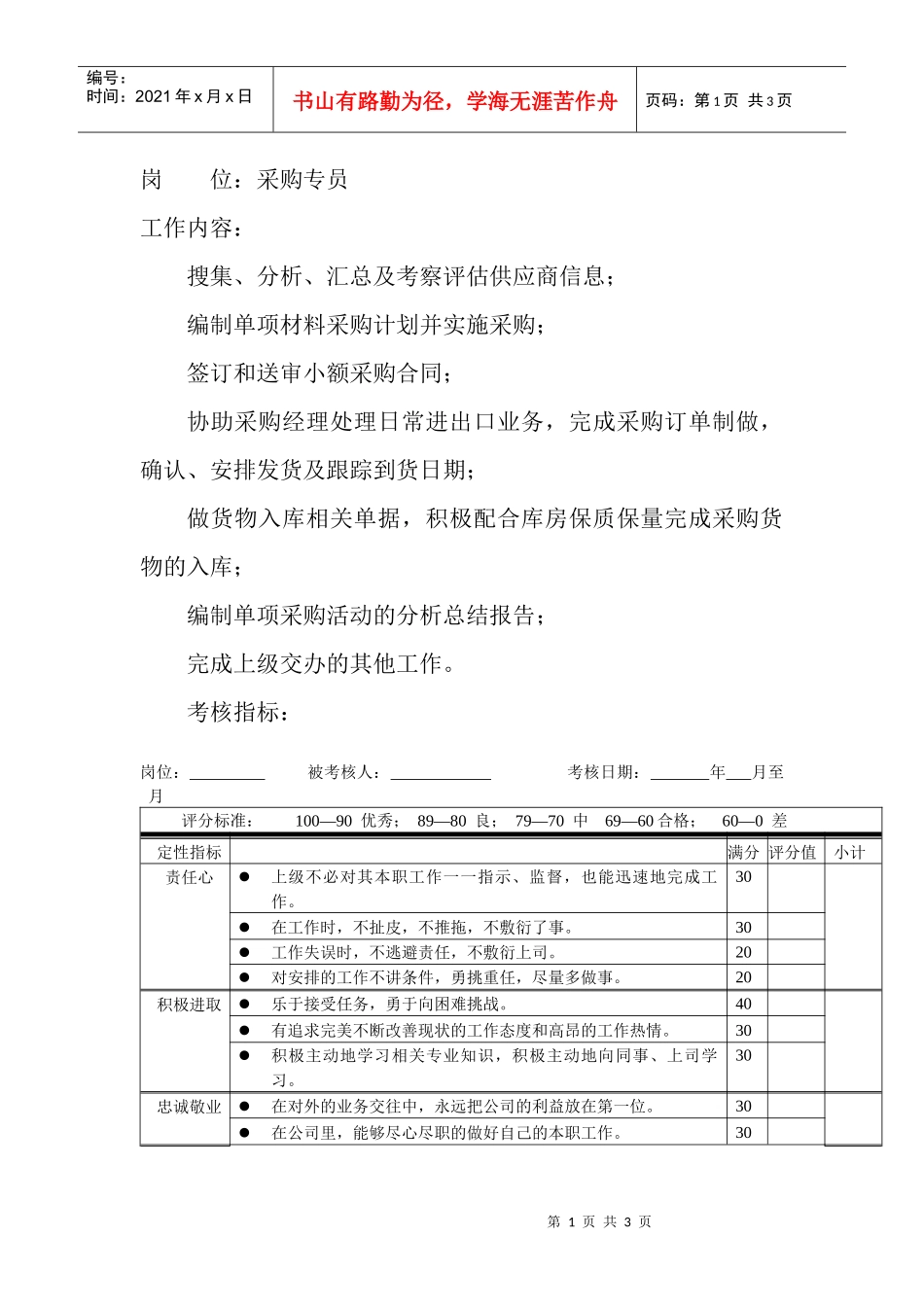 岗位工作内容和年度定性考核指标-采购专员_第1页