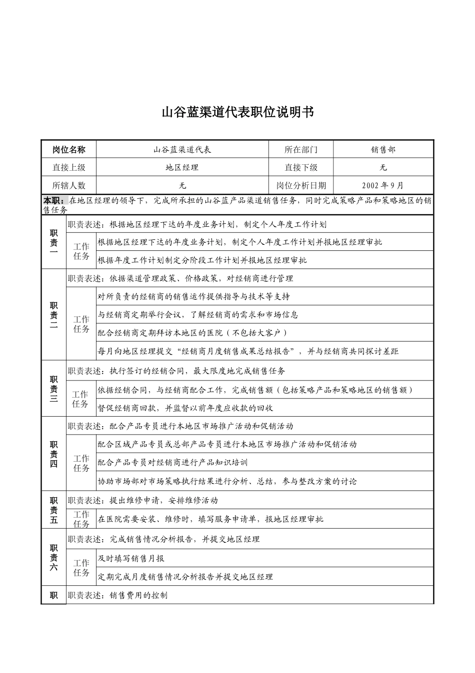 山谷蓝&泰科曼贸易公司山谷蓝渠道代表职位说明书_第1页