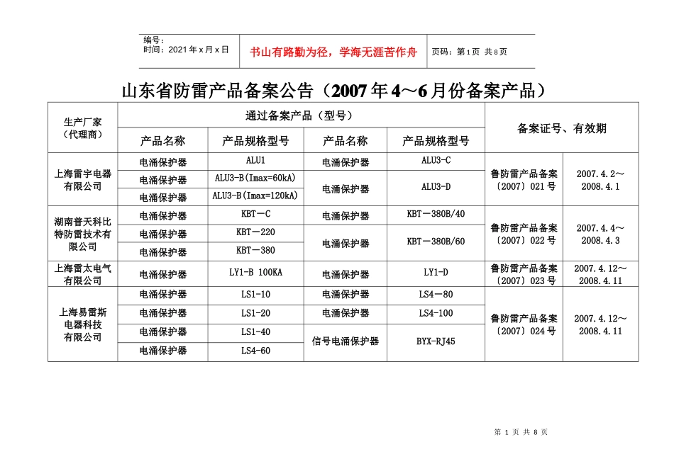山东省防雷产品备案公告表_第1页