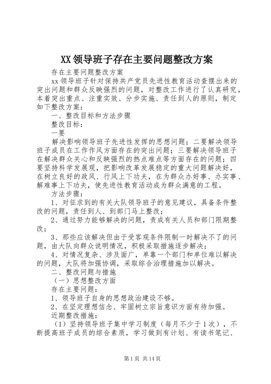 XX领导班子存在主要问题整改方案_第1页