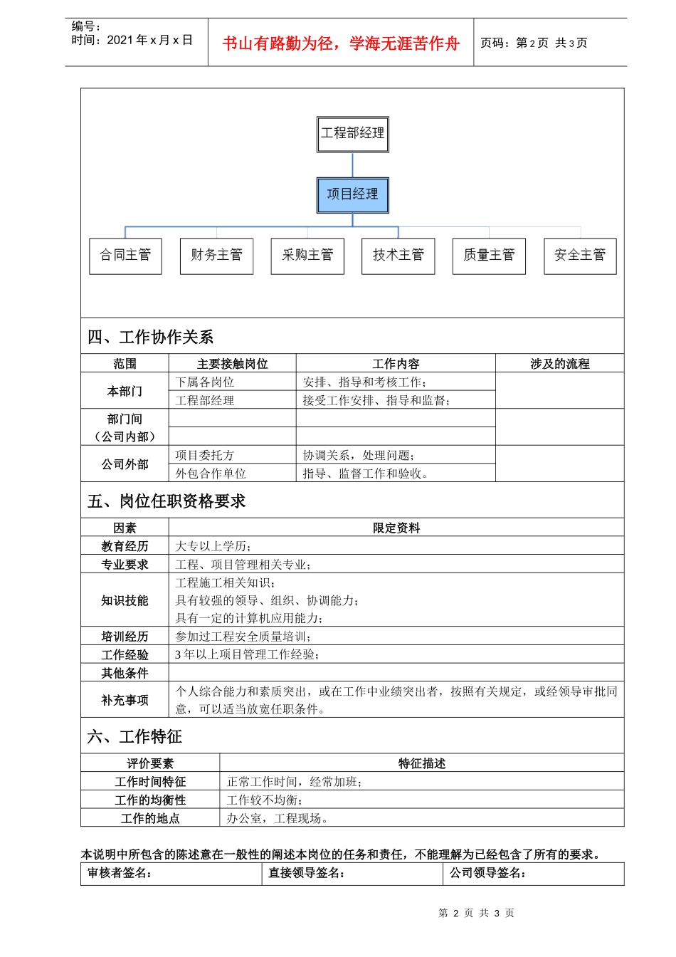 工程部项目经理岗位说明书_第2页