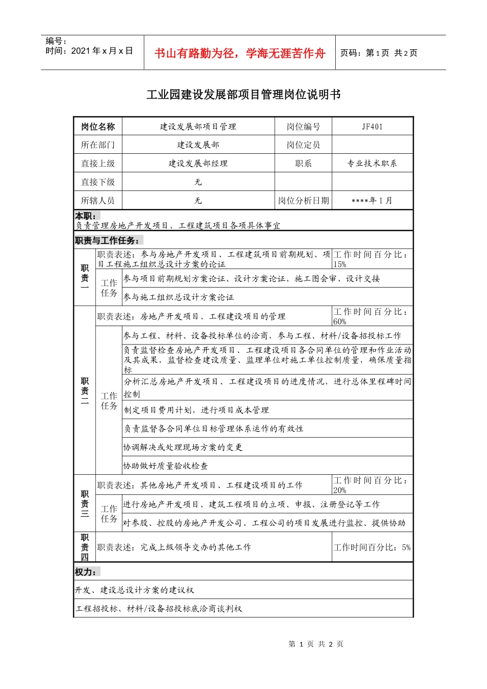 工业园建设发展部项目管理岗位说明书_第1页