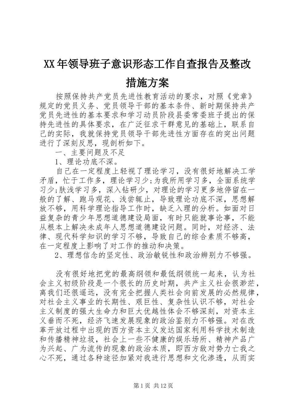 XX年领导班子意识形态工作自查报告及整改措施方案_第1页