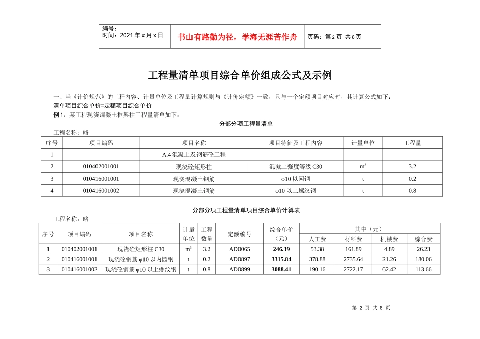 工程量清单项目综合单价组成公式及示例_第2页