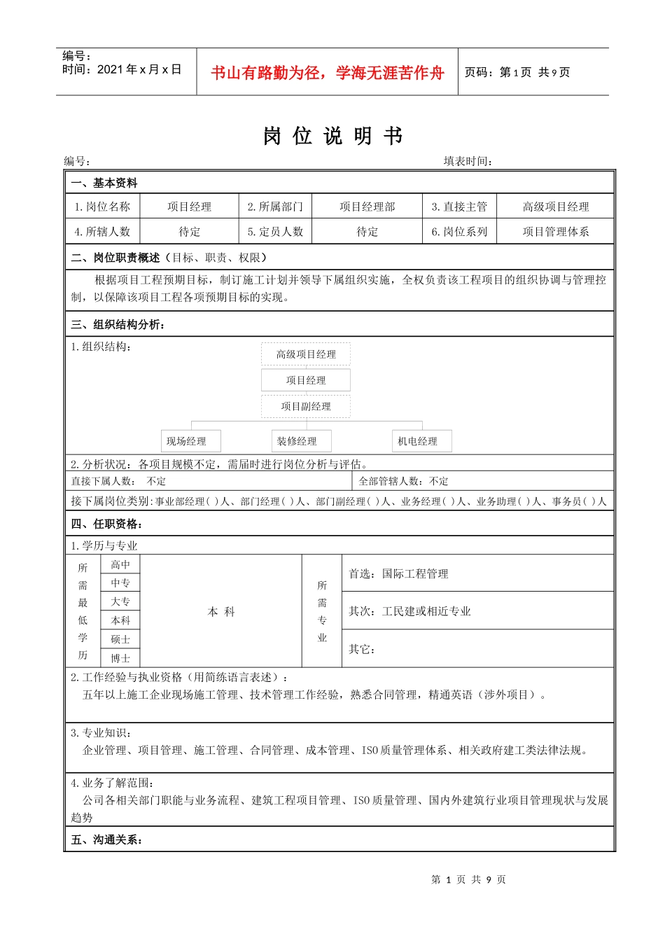 岗位说明书-项目经理部经理_第1页