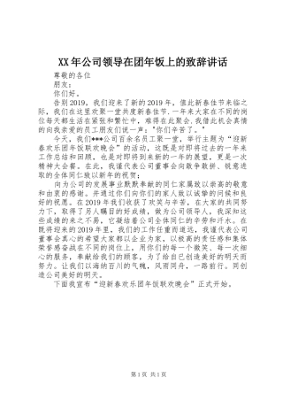 XX年公司领导在团年饭上的演讲致辞讲话