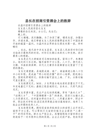 县长在招商引资酒会上的致辞演讲范文