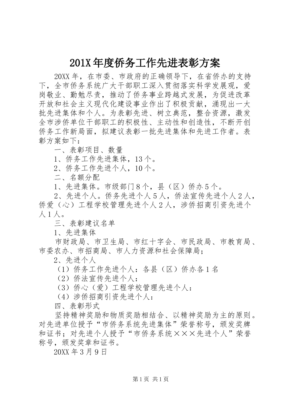 201X年度侨务工作先进表彰方案_第1页