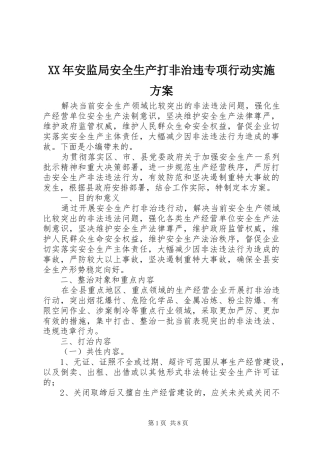 XX年安监局安全生产打非治违专项行动实施方案