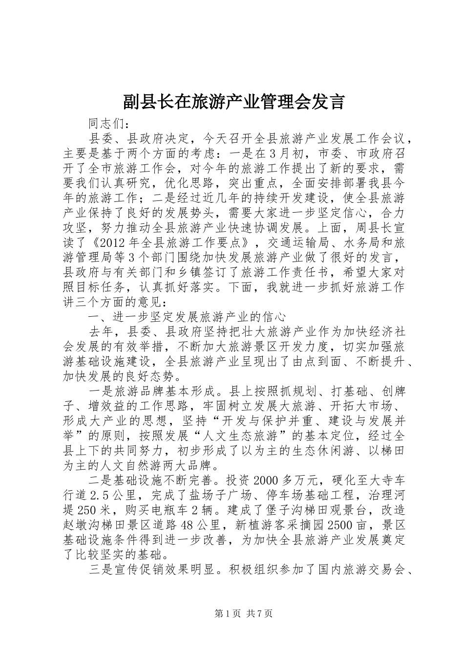 副县长在旅游产业管理会发言稿_第1页