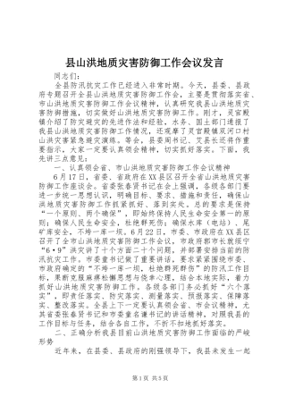 县山洪地质灾害防御工作会议发言稿