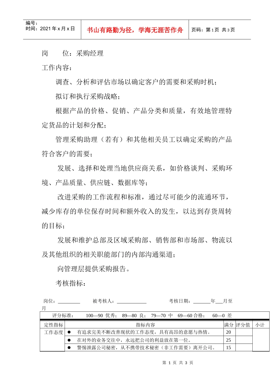 岗位工作内容和年度定性考核指-采购经理_第1页