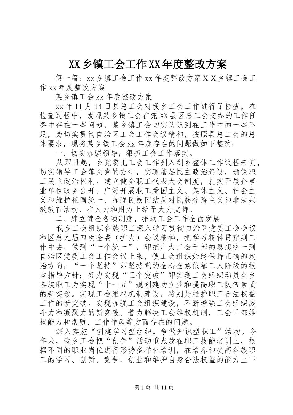 XX乡镇工会工作XX年度整改方案_第1页