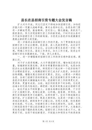 县长在县招商引资专题大会发言