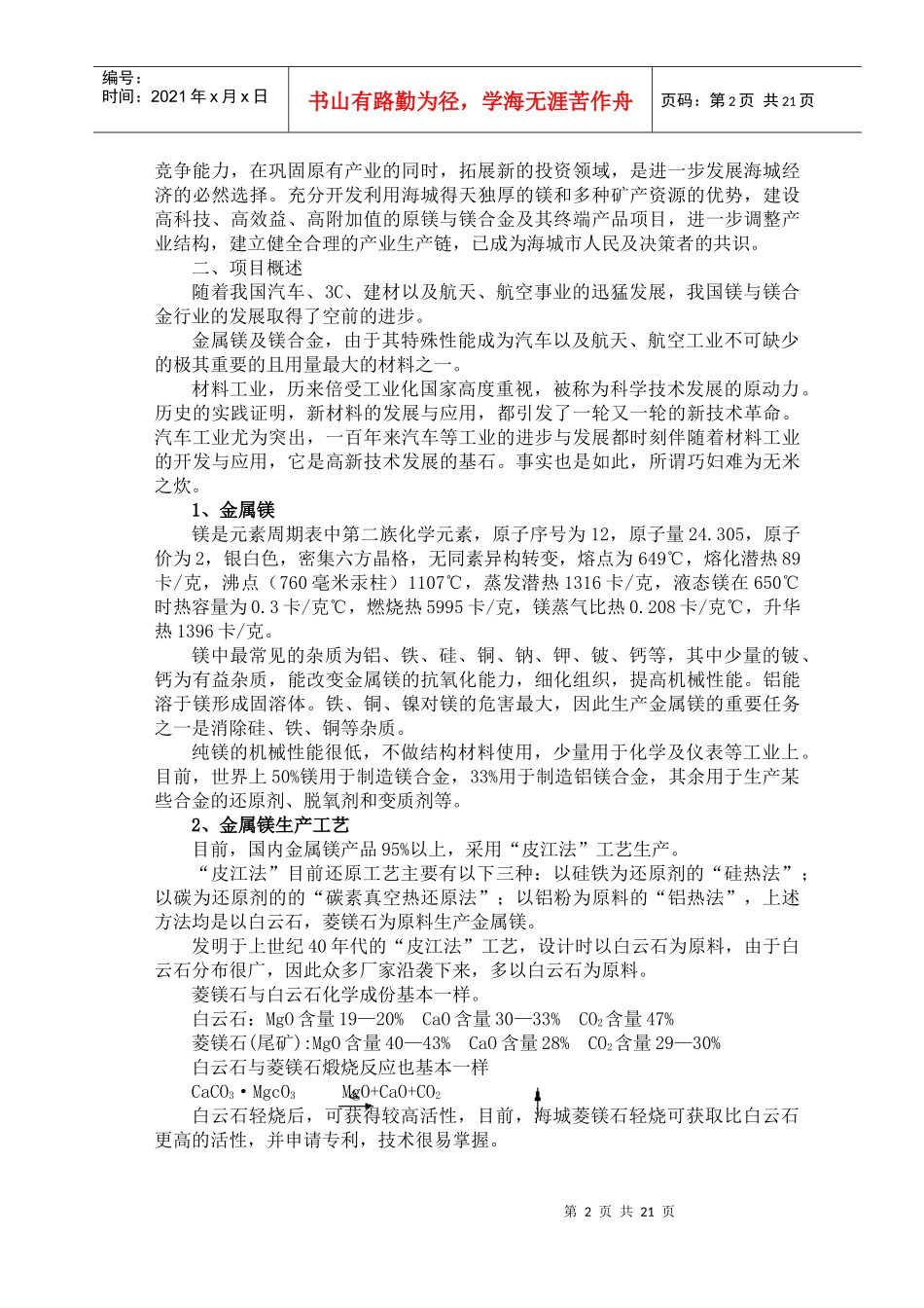 年产二万吨原镁及镁合金项目分析报告_第2页