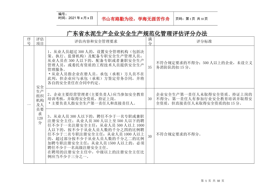 广东省水泥生产企业安全生产规范化管理评估评分办法_第1页