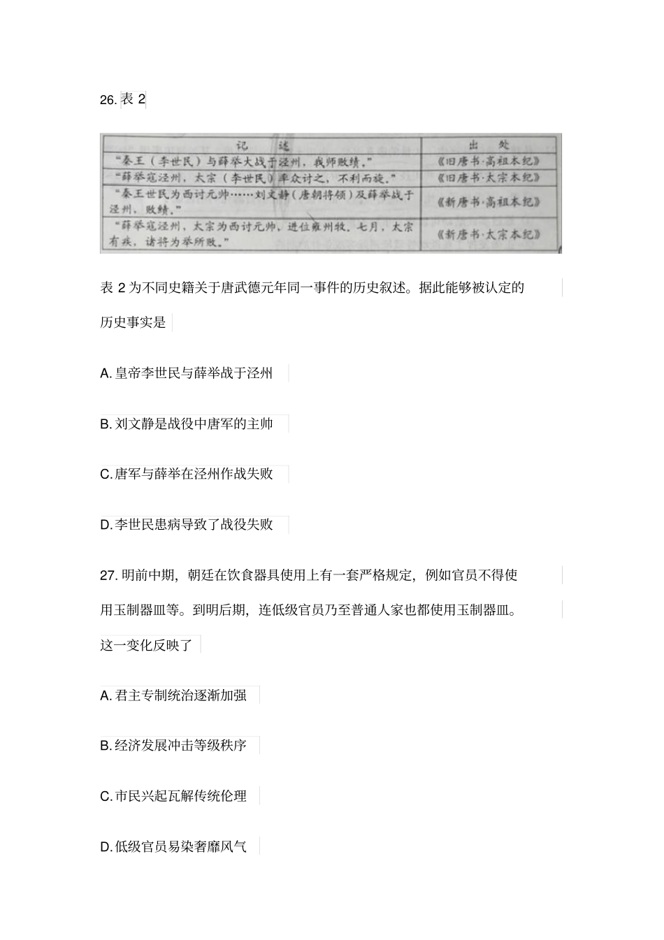 全国一卷文综历史试题及其答案_第2页