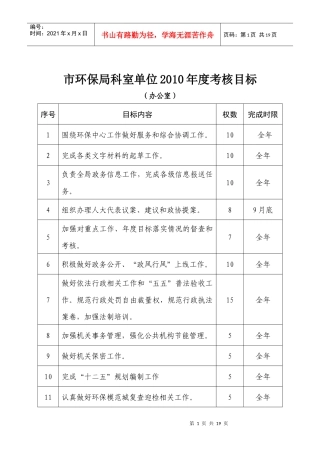 市环保局科室单位XXXX年度考核目标